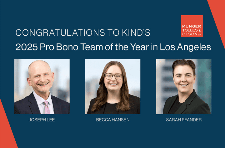 Award Graphic for MTO.com Lee, Hansen, Pfander KIND Awards, 2025 Pro Bono Team of the Year 720x473